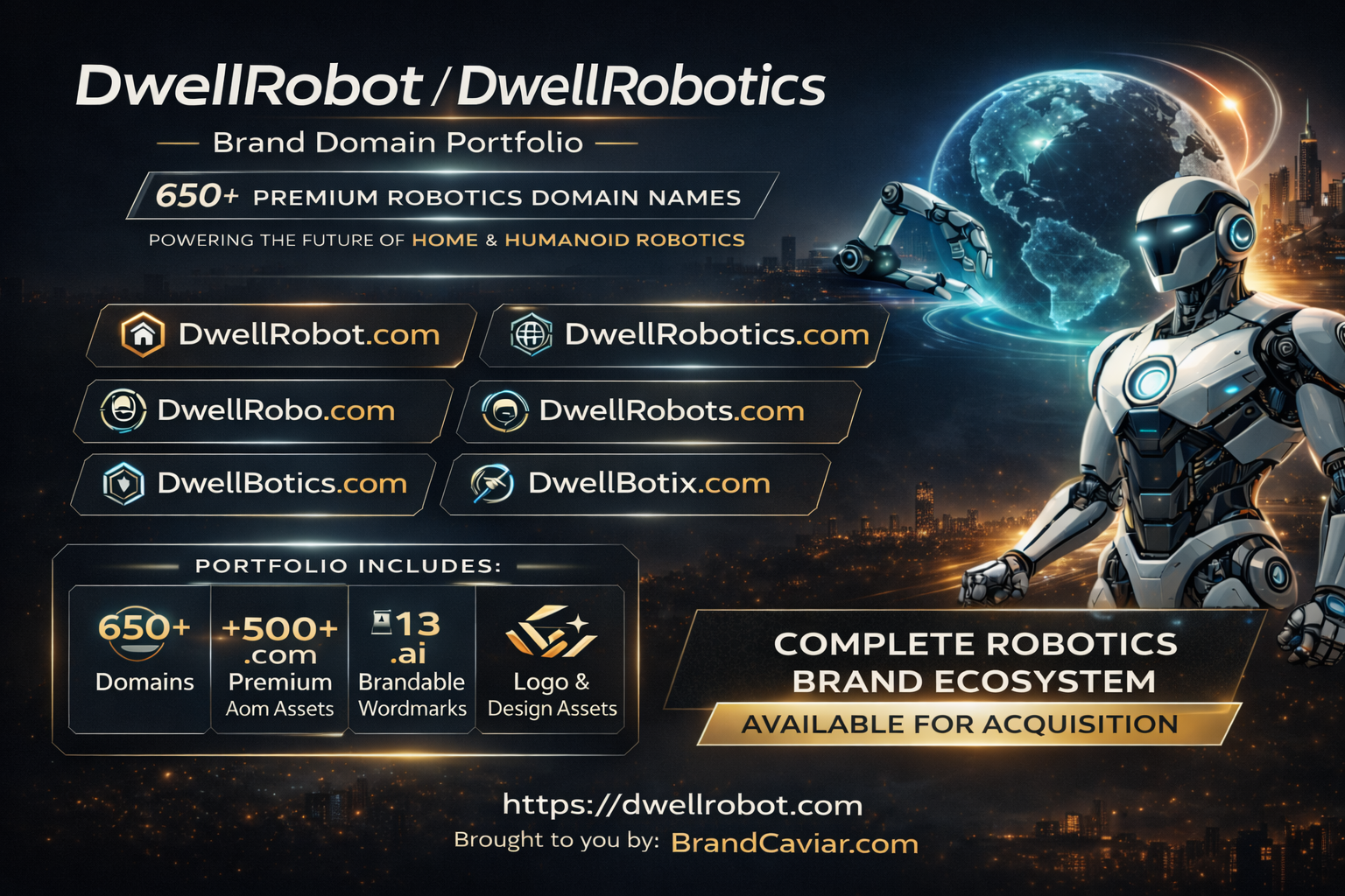 DwellRobot, DwellBot, and DwellRobotics domain portfolio preview including core domains and acquisition summary